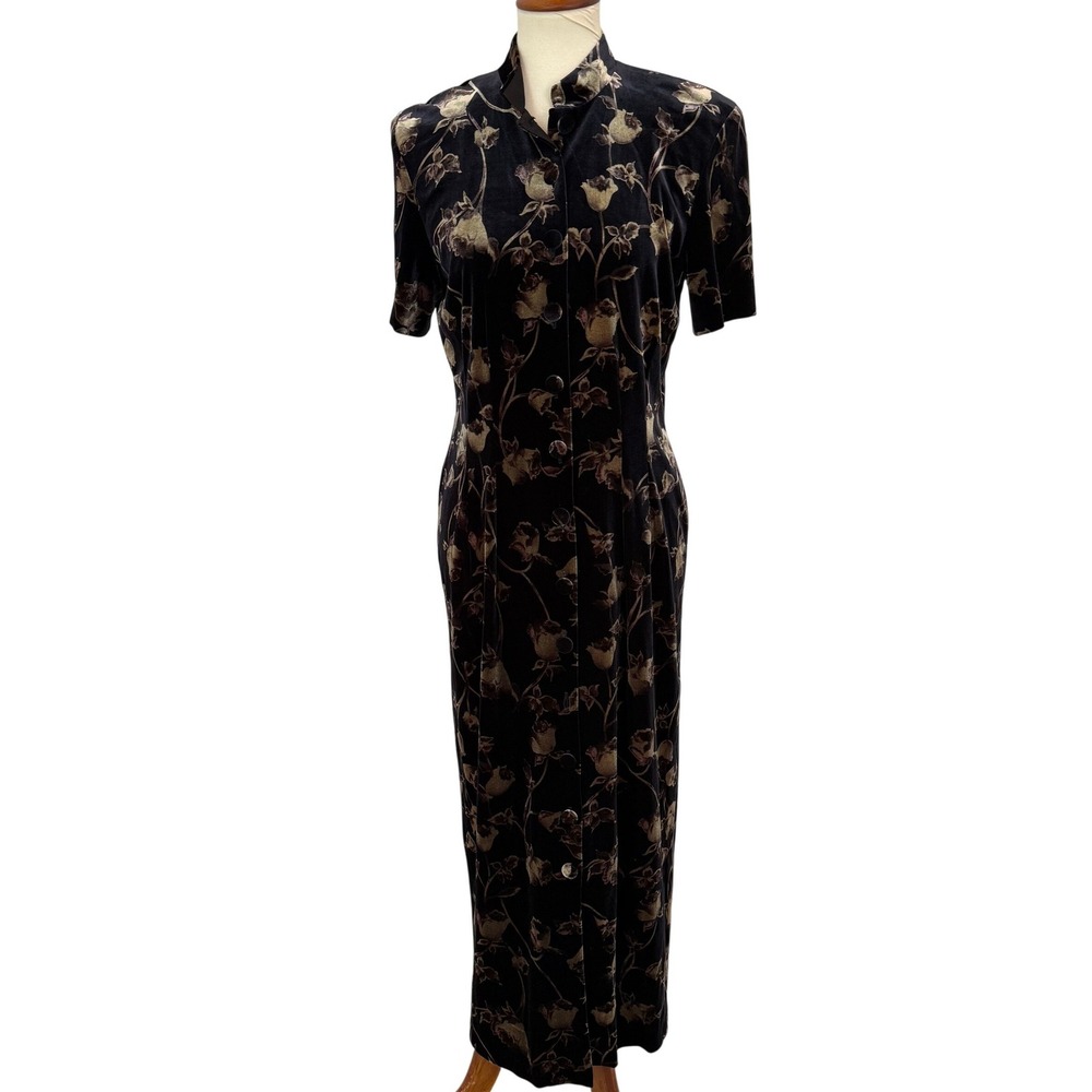 Vtg J. Stevens 90s Velvet Rose Floral Maxi Dress Black Gold Sz 10 Dark Romantic